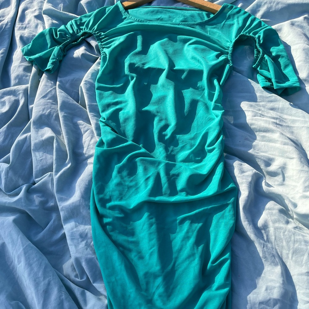 Teal blue 3/4 sleeves/ off the shoulder mesh vacation dress with open back